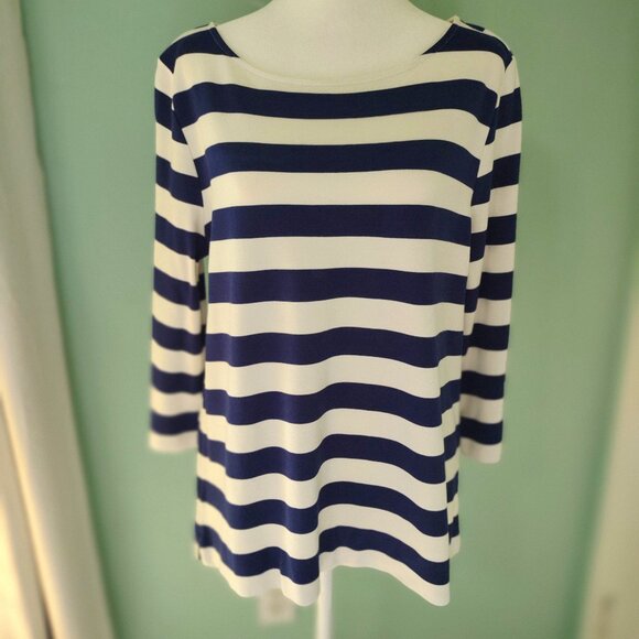 Ann Taylor, Size L, Navy Blue and White striped blouse - Picture 1 of 6
